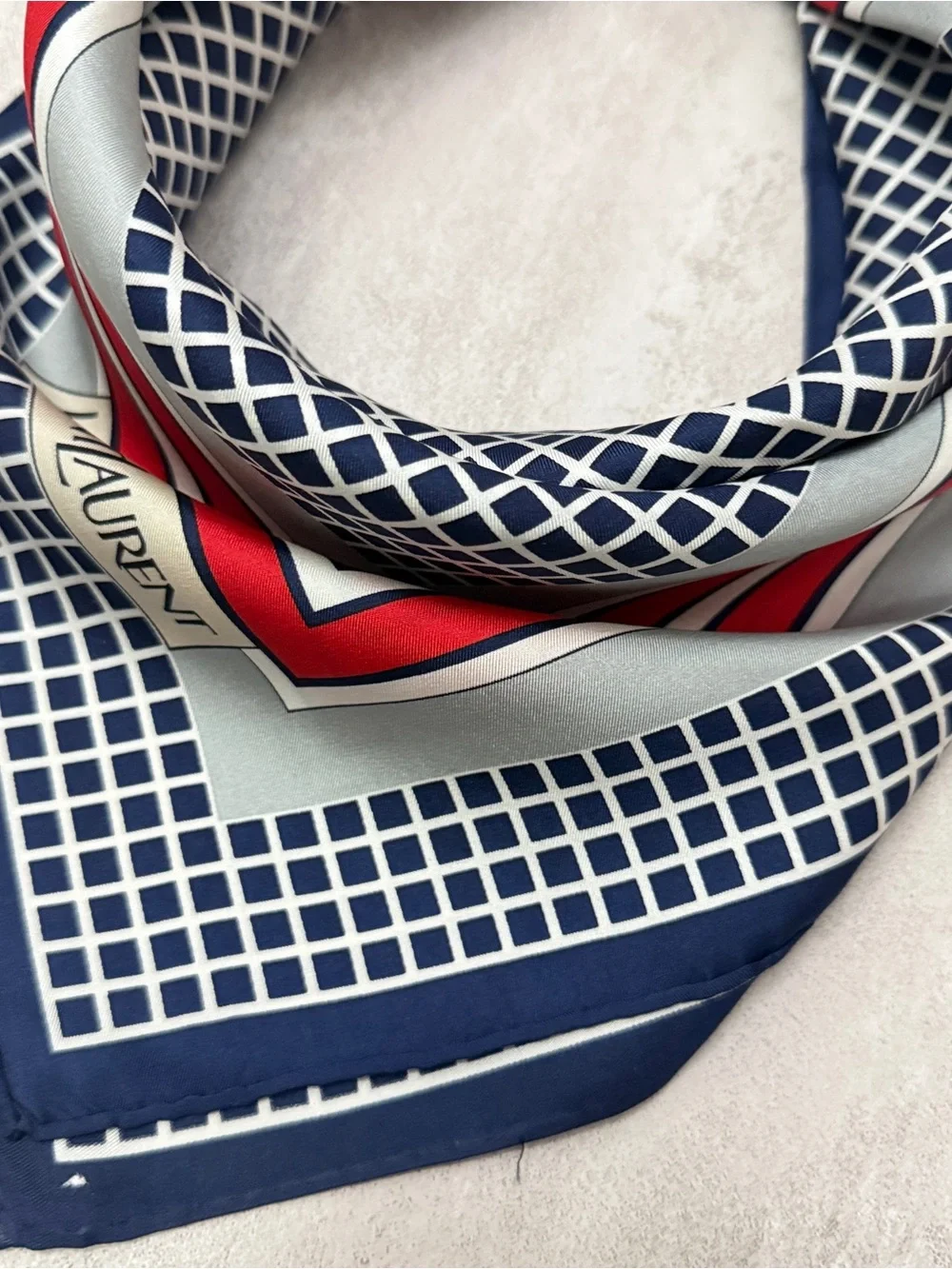 Yves Saint Laurent Navy, Red & Silver Geometric Silk Scarf